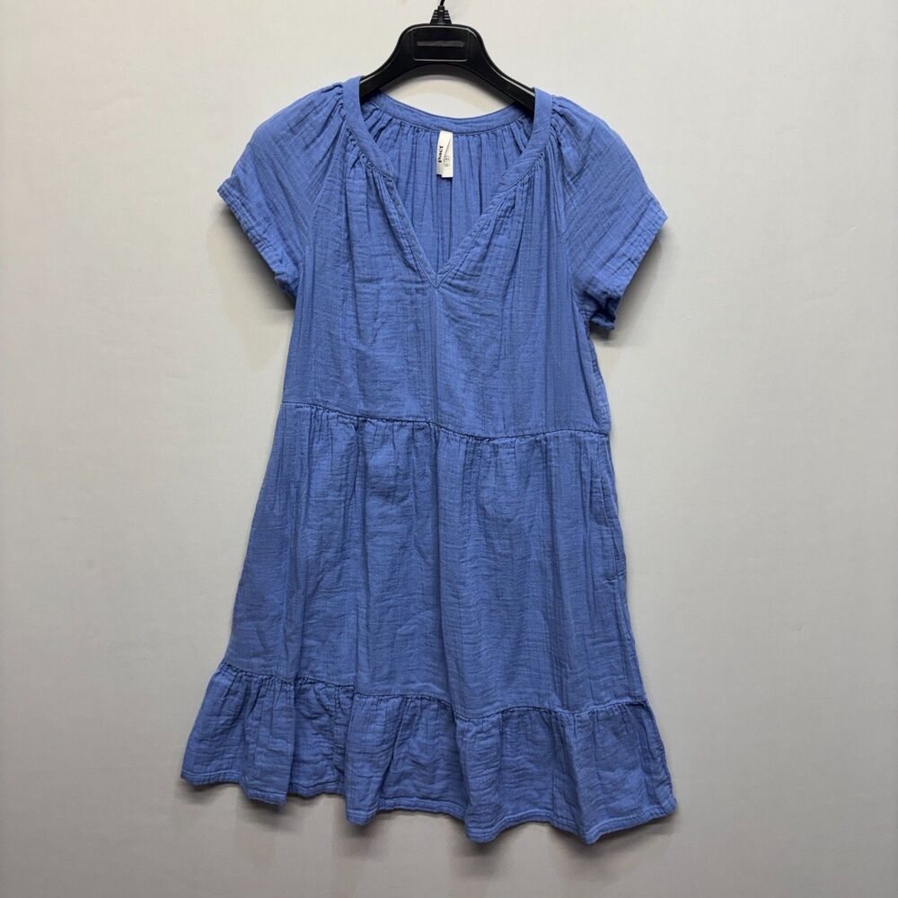 Pact Women Organic Cotton V-neck Tiered Dress Size XS X-Small Blue D103 -3